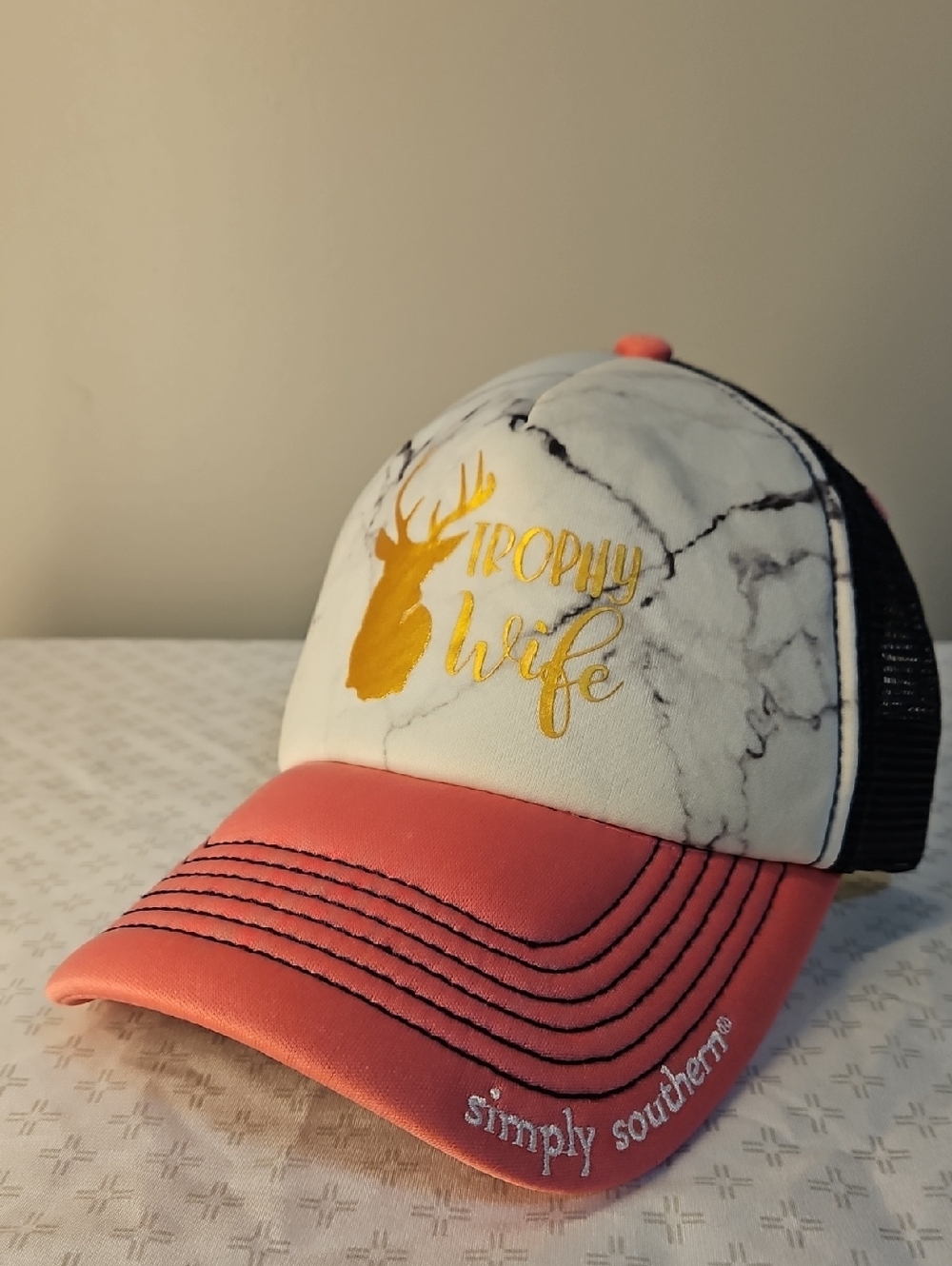 Simply Southern Coral & Marble 'Trophy Wife' Trucker Hat